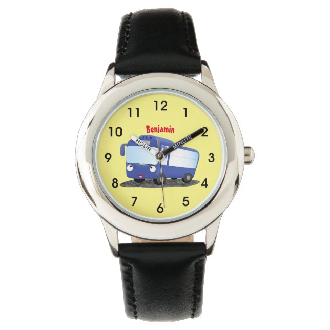 Cute blue modern bus cartoon illustration watch (Front)