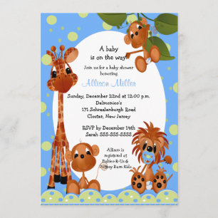 Cute Blue Monkey & Pals Boy Baby Shower Invitation