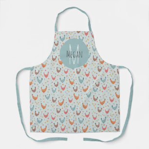 Cute Blue Monogram Chicken Farm Kitchen Pattern Apron