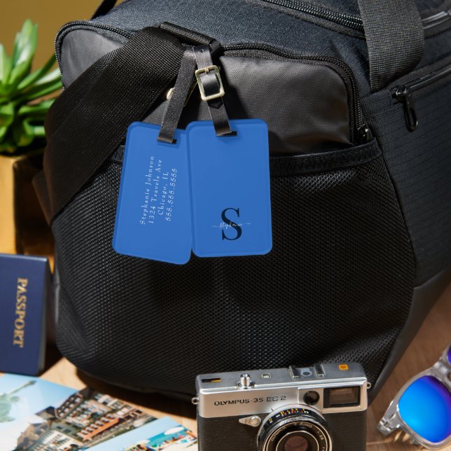 Cute Blue Monogram Initials and Name Luggage Tag (Front & Back)