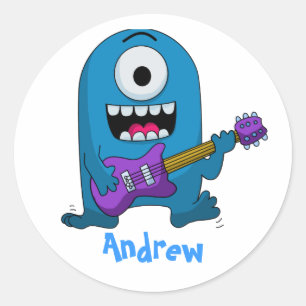 Cute Blue Monster Guitarist Classic Round Sticker