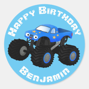Cute blue monster truck cartoon birthday classic round sticker