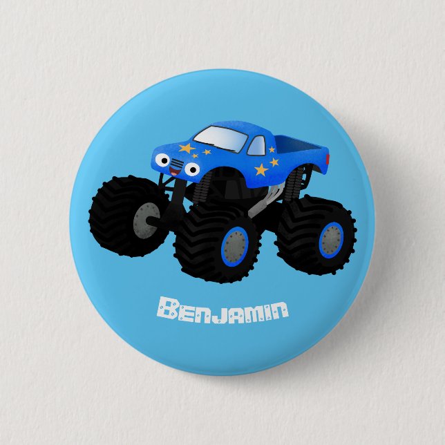 Cute blue monster truck cartoon illustration 6 cm round badge (Front)