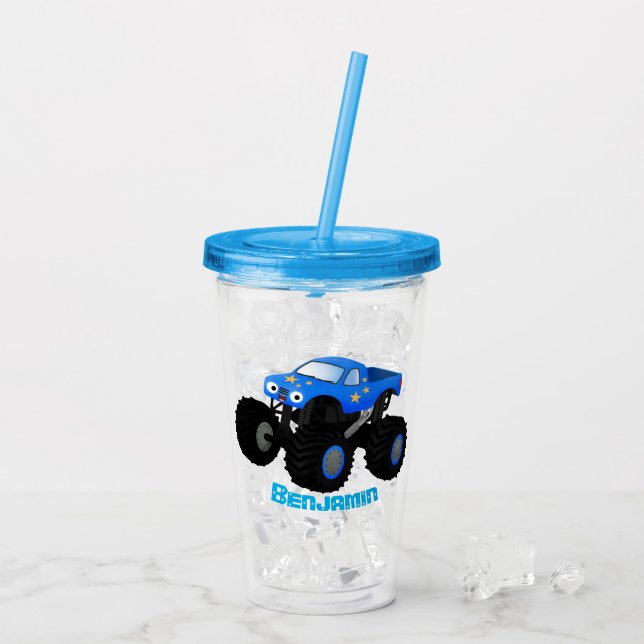 Cute blue monster truck cartoon illustration acrylic tumbler (Back Ice)