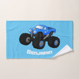 Cute blue monster truck cartoon illustration bath towel set