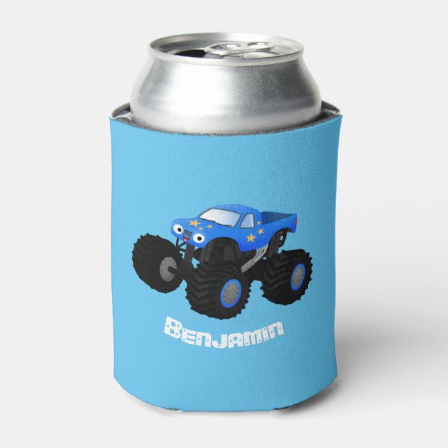 Cute blue monster truck cartoon illustration can cooler (Can Front)