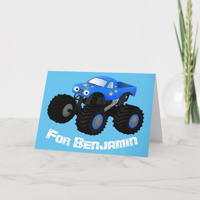 Cute blue monster truck cartoon illustration card (Front)