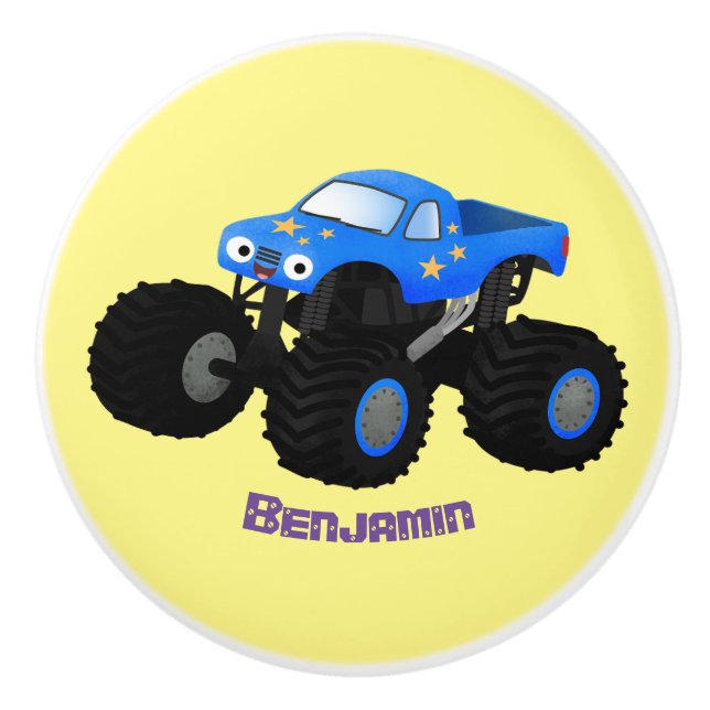 Cute blue monster truck cartoon illustration ceramic knob (Front)