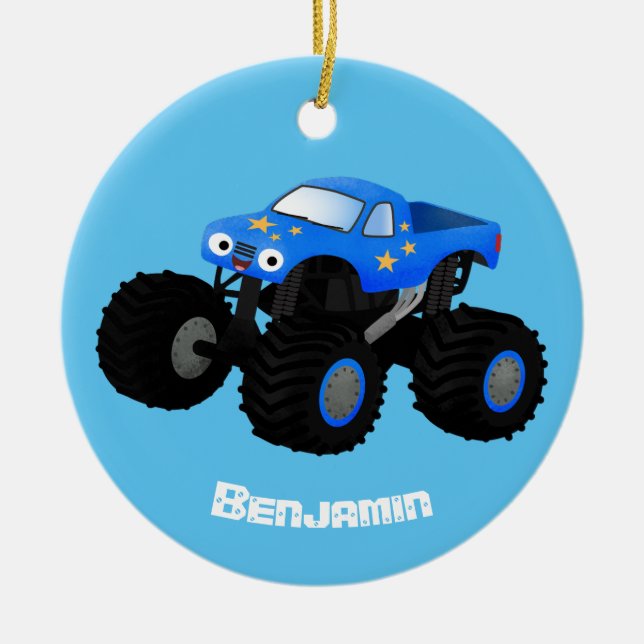 Cute blue monster truck cartoon illustration ceramic tree decoration (Front)