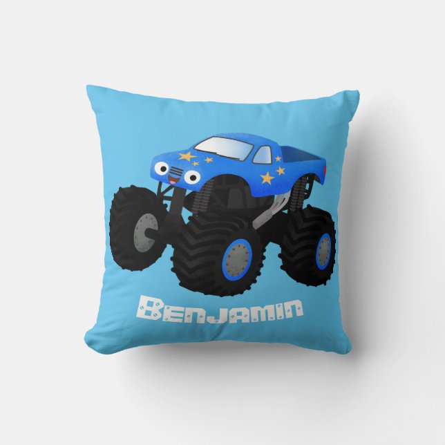 Cute blue monster truck cartoon illustration cushion (Front)