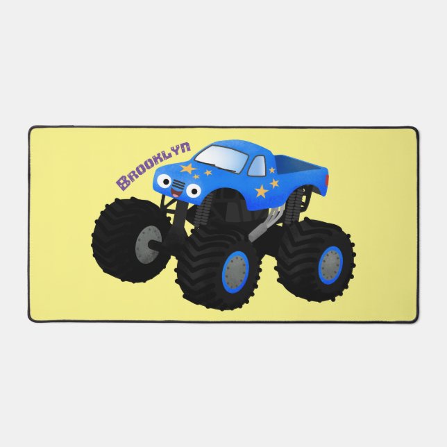 Cute blue monster truck cartoon illustration desk mat (Front)