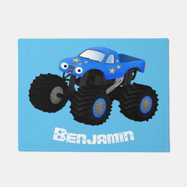 Cute blue monster truck cartoon illustration doormat (Front)
