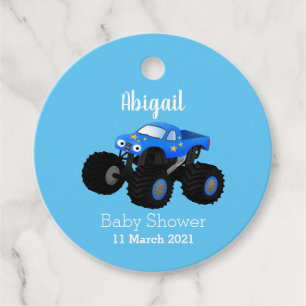 Cute blue monster truck cartoon illustration favour tags