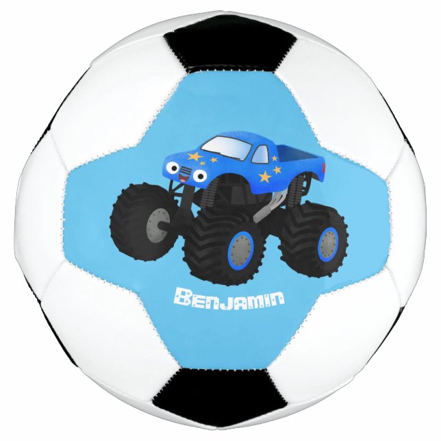 Cute blue monster truck cartoon illustration football (Front)