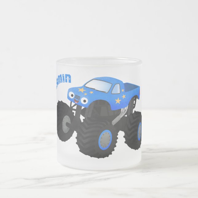 Cute blue monster truck cartoon illustration frosted glass coffee mug (Center)