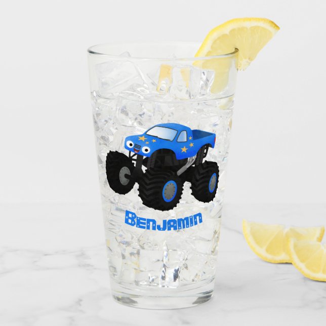 Cute blue monster truck cartoon illustration glass (Back Ice)