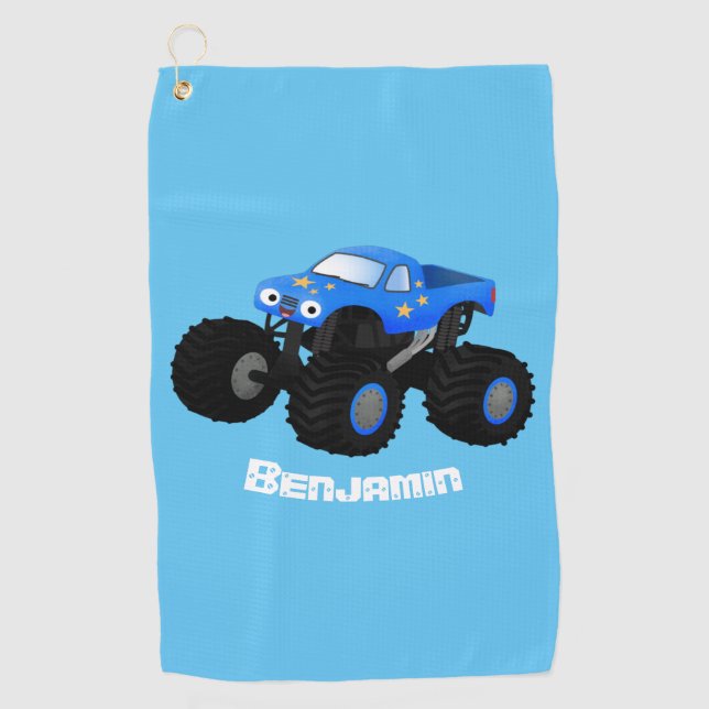 Cute blue monster truck cartoon illustration golf towel (Front)