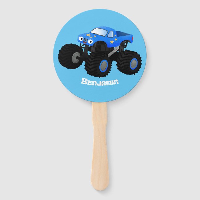 Cute blue monster truck cartoon illustration hand fan (Front)