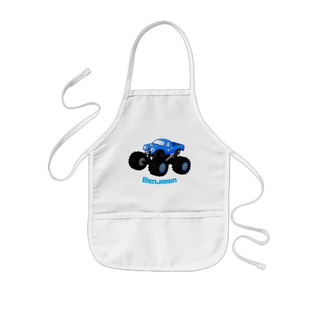 Cute blue monster truck cartoon illustration kids apron (Front)