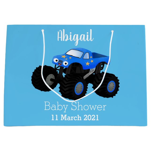 Cute blue monster truck cartoon illustration large gift bag (Front)
