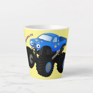 Cute blue monster truck cartoon illustration latte mug