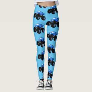 Cute blue monster truck cartoon illustration leggings