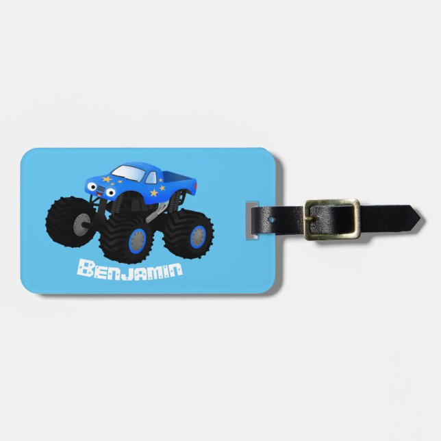 Cute blue monster truck cartoon illustration luggage tag (Front Horizontal)