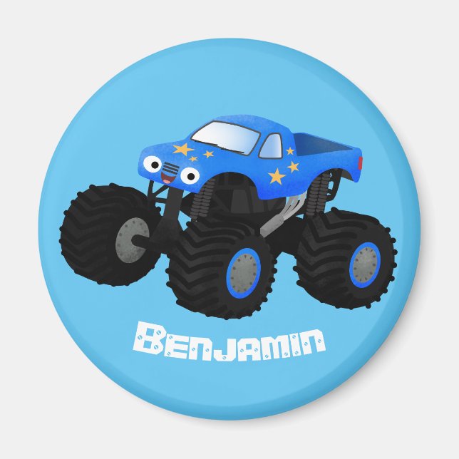 Cute blue monster truck cartoon illustration magnet (Front)