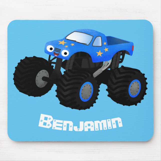 Cute blue monster truck cartoon illustration mouse mat (Front)