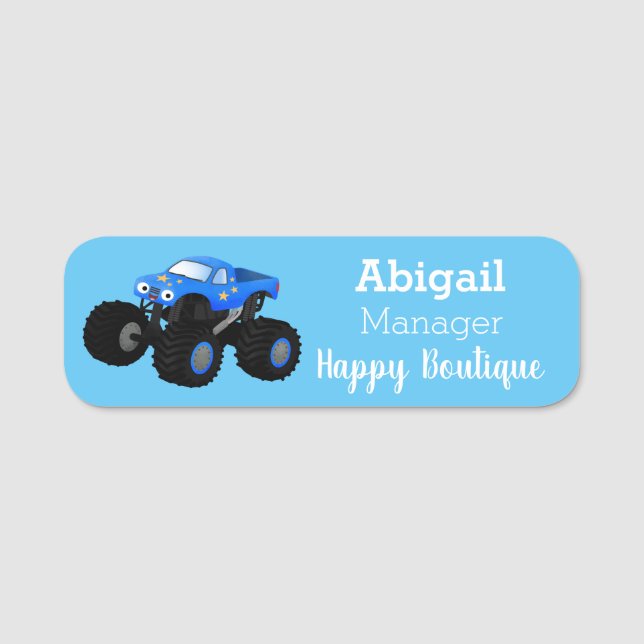 Cute blue monster truck cartoon illustration  name tag (Front)