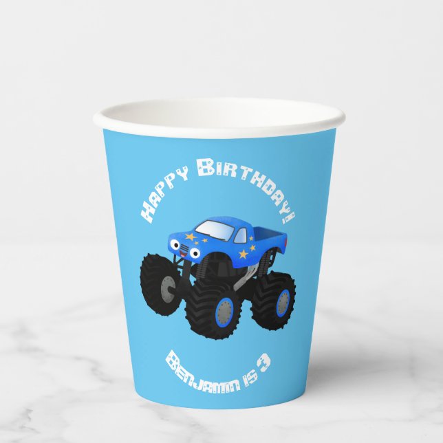 Cute blue monster truck cartoon illustration paper cups (Front)