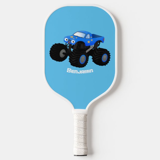 Cute blue monster truck cartoon illustration  pickleball paddle (Front)