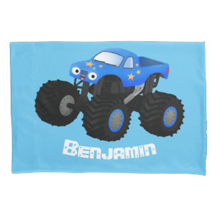 Cute blue monster truck cartoon illustration pillowcase