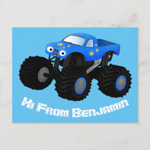Cute blue monster truck cartoon illustration postcard