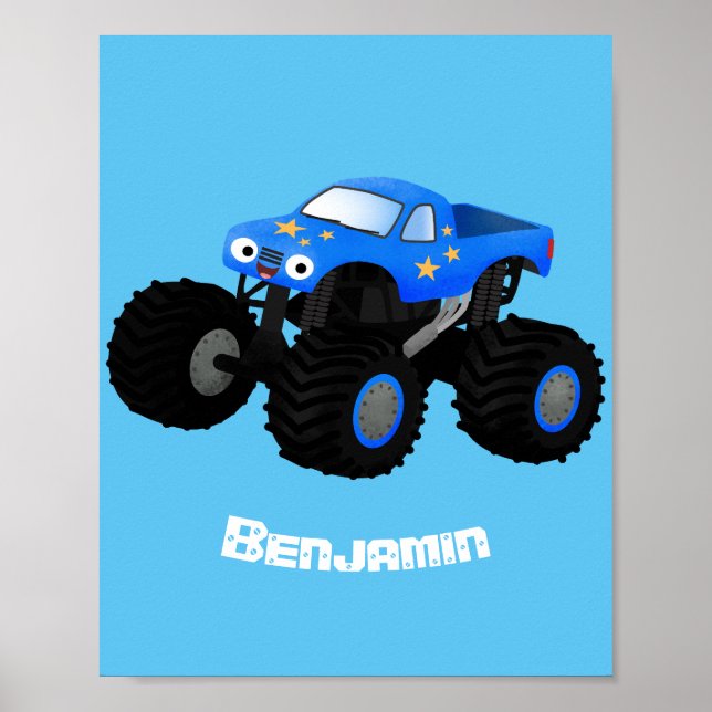 Cute blue monster truck cartoon illustration poster (Front)