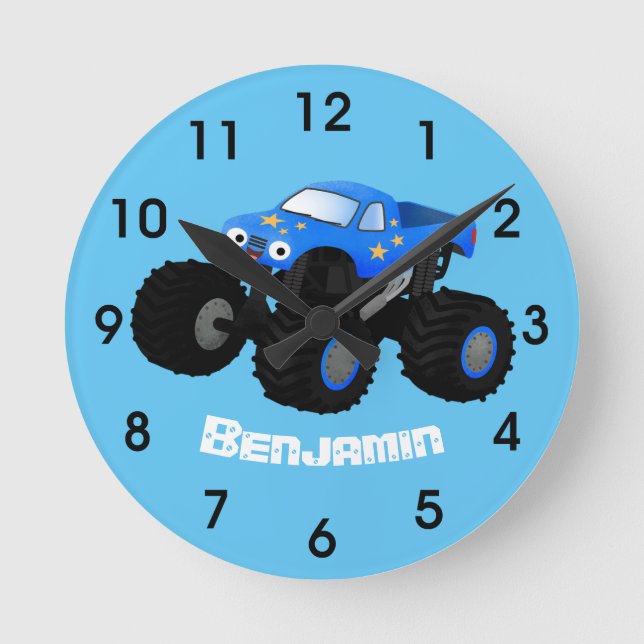 Cute blue monster truck cartoon illustration round clock (Front)