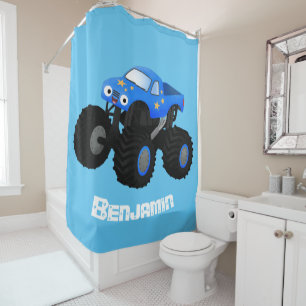 Cute blue monster truck cartoon illustration shower curtain