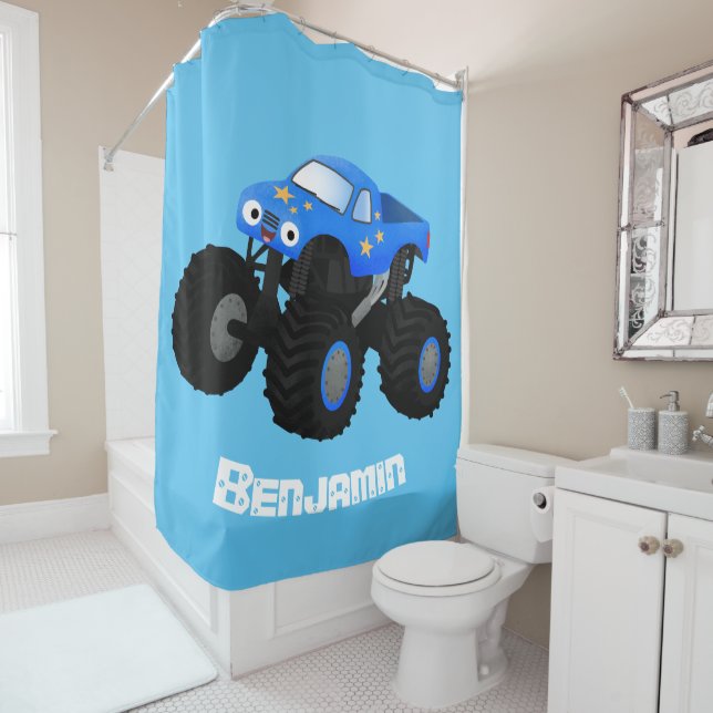 Cute blue monster truck cartoon illustration shower curtain (In Situ)