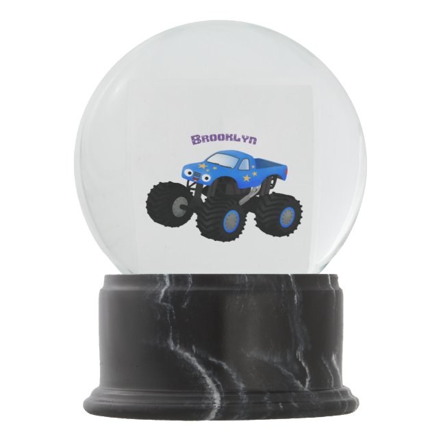 Cute blue monster truck cartoon illustration snow globe (Front)