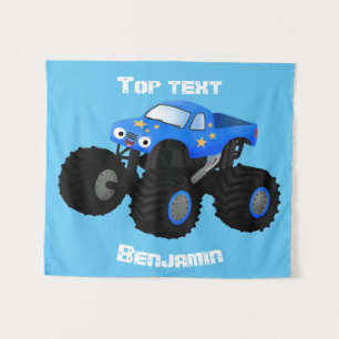 Cute blue monster truck cartoon illustration tapestry