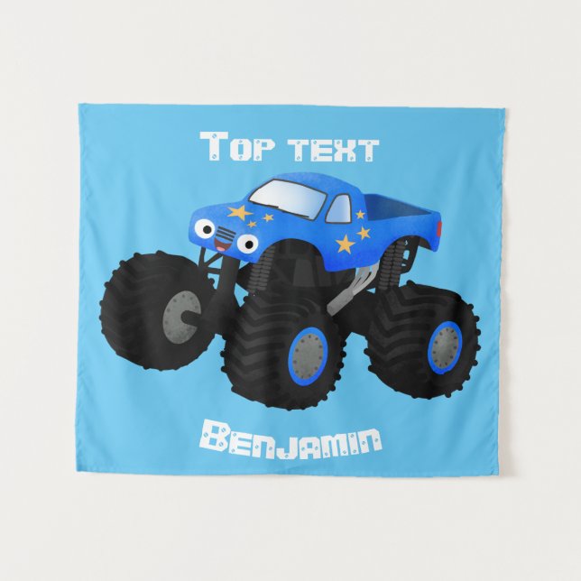 Cute blue monster truck cartoon illustration tapestry (Front (Horizontal))