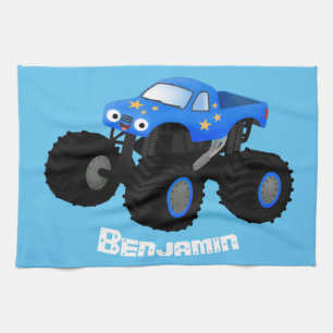 Cute blue monster truck cartoon illustration tea towel