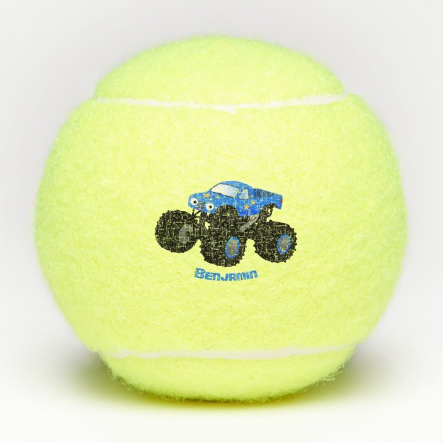 Cute blue monster truck cartoon illustration tennis balls (Front)
