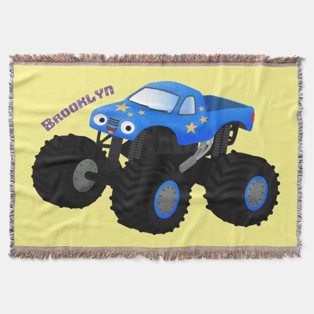 Cute blue monster truck cartoon illustration throw blanket (Front)