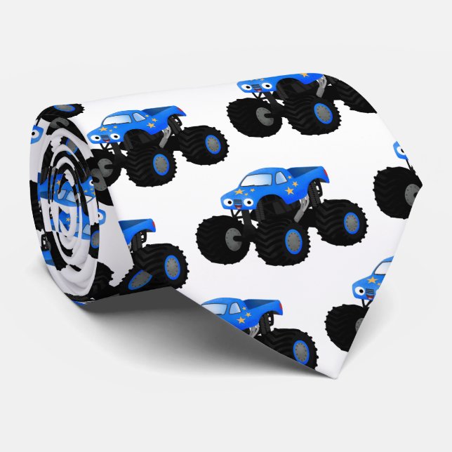 Cute blue monster truck cartoon illustration tie (Rolled)