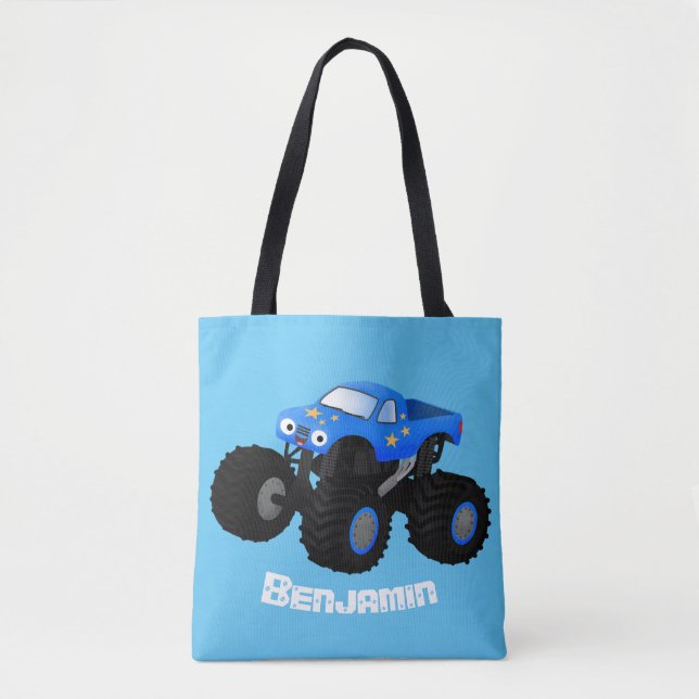 Cute blue monster truck cartoon illustration tote bag (Front)