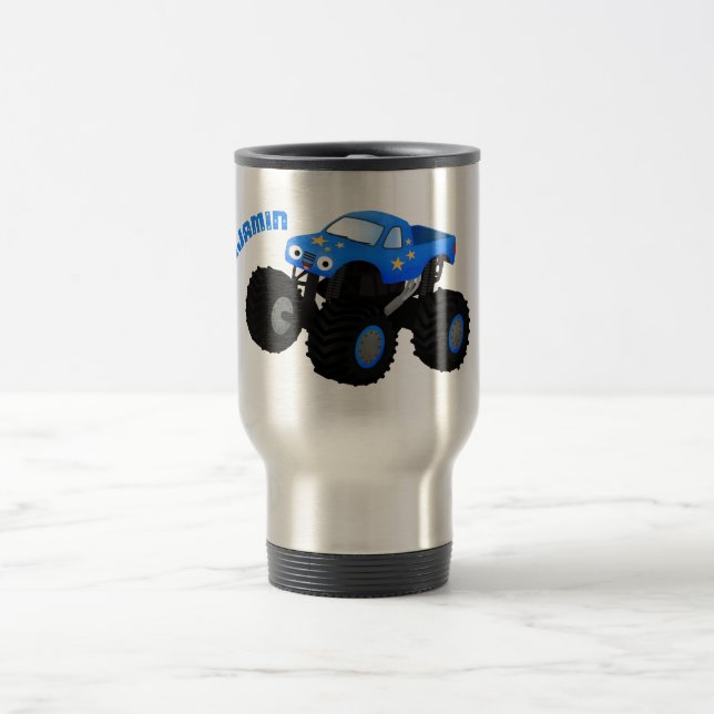 Cute blue monster truck cartoon illustration travel mug (Center)