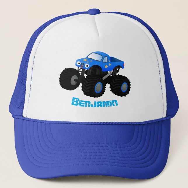 Cute blue monster truck cartoon illustration trucker hat (Front)