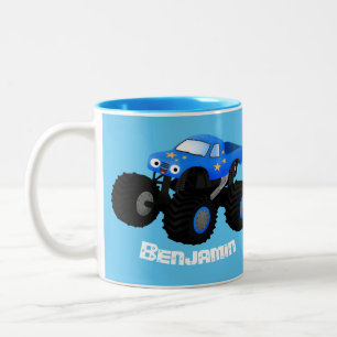 Cute blue monster truck cartoon illustration Two-Tone coffee mug