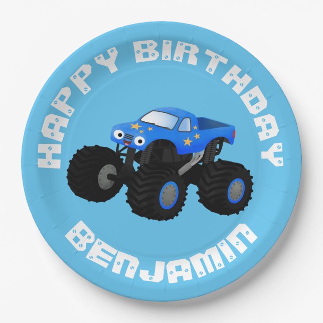 Cute blue monster truck cartoon personalised paper plate (Front)